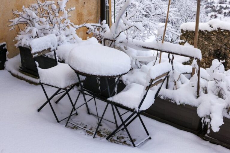 Trädgårdsmöbler i snöväder